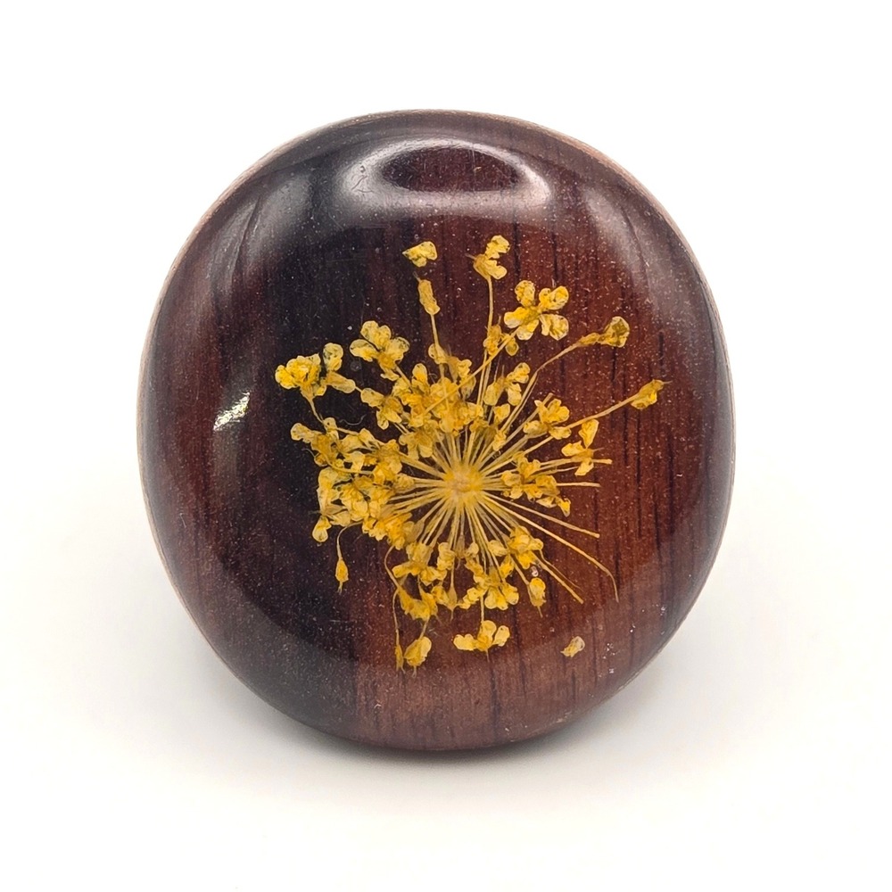 Handmade Dark Wood Resin Dome Ring with Real Yellow Dried Flower Size 6.5